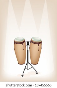 Music Instrument, An Illustration of A Retro Style Classical Conga Drums on Stand with Drumsticks on Vintage Brown Stage Background with Copy Space for Text Decorated  