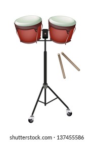 Music Instrument, An Illustration of A Retro Style Classical Bongo Drum on Stand with Drumsticks on White Background 