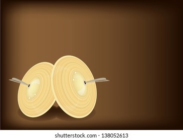 Music Instrument, An Illustration Retro Style of Cymbal or Finger Cymbals on Beautiful Vintage Dark Brown Background with Copy Space for Text Decorated  