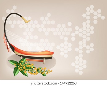 Music Instrument, An Illustration of A Saung and Yellow Color of Padauk Flower or Papilionoideae Flower on Beautiful Vintage Brown Background with Copy Space for Text Decorated  