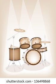 Music Instrument, An Illustration of A Set of Retro Style Jazz Drum Kit on Beautiful Vintage Brown Stage Background with Copy Space for Text