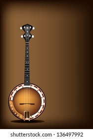 Music Instrument, An Illustration of A Single Five String Banjo on Beautiful Vintage Dark Brown Background with Copy Space for Text Decorated