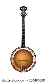 Music Instrument, An Illustration of A Single Five String Banjo on White Background