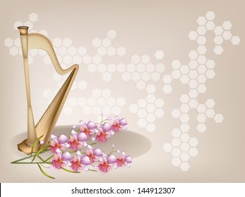Music Instrument, An Illustration of A Single Harp or Konghou and Pink Vanda Orchids on Beautiful Vintage Brown Background with Copy Space for Text Decorated  