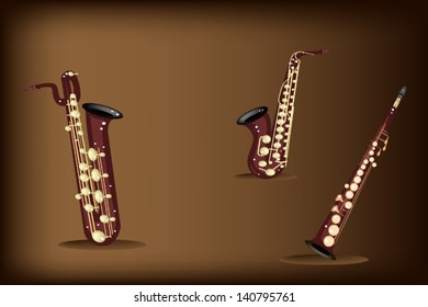 Music Instrument, Illustration Three Kind of Saxophone, Soprano Saxophone, Alto Saxophone and Baritone Saxophone on Beautiful Vintage Dark Brown Background with Copy Space for Text Decorated  