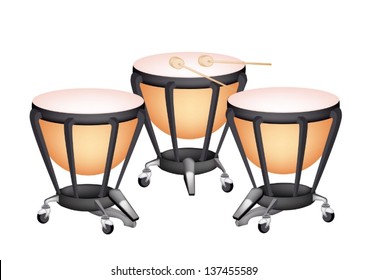 Music Instrument, An Illustration of Three Retro Style Classical Timpani or Kettle Drum on White Background 