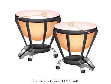 Music Instrument, An Illustration of Two Retro Style Classical Timpani or Kettle Drum on White Background 