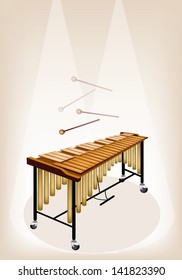 Music Instrument, An Illustration of Two Vintage Vibraphone and Two Beater on Brown Stage Background with Copy Space for Text Decorated 