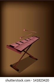 Music Instrument, An Illustration of Vintage Xylophone and Two Beater on Beautiful Dark Brown Background with Copy Space for Text Decorated  