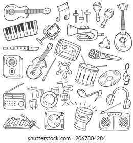 music instrument industry concept doodle hand drawn set collections with outline black and white style