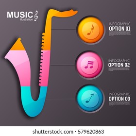 Music instrument infographic template with three colorful round buttons saxophone and musical notes vector illustration