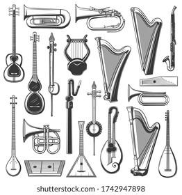 Music instrument isolated sketches. Vector icons of harps, bugle, cornet and clarinet, balalaika, lyre and tuba, vintage gusli, saz, tar and duduk, kamancheh and tanbur, string and wind instruments