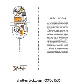 Music instrument line icons in microphone shape. Art musical brochure element. Vector decorative greeting card or invitation design background. Creative booklet concept. Magazine cover
