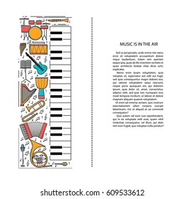 Music instrument line icons in piano shape. Art musical brochure element. Vector decorative greeting card or invitation design background. Creative booklet concept. Magazine cover