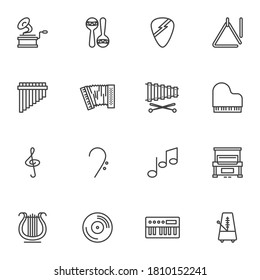 Music instrument line icons set, outline vector symbol collection, linear style pictogram pack. Signs, logo illustration. Set includes icons as musical note, piano keyboard, percussion triangle