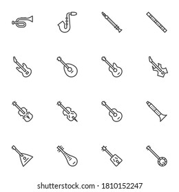 Music instrument line icons set, outline vector symbol collection, linear style pictogram pack. Signs, logo illustration. Set includes icons as saxophone, acoustic guitar, viola, flute, balalaika