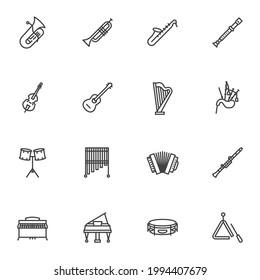 Conjunto de iconos de línea de instrumentos musicales, colección de símbolos de vector de contorno, paquete de pictogramas de estilo lineal. Señales, ilustración del logotipo. El juego incluye iconos como saxofón, flauta, guitarra acústica, piano de cola, violín