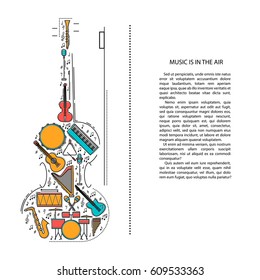 Music instrument line icons in violin shape. Art musical brochure element. Vector decorative greeting card or invitation design background. Creative booklet concept. Magazine cover