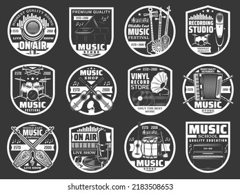 Music instrument, microphone and vinyl record player vector badges. Isolated musical icons with drums, pianos, guitars and retro gramophones, notes, shamisen, flutes, tanbur, trumpets and tubes