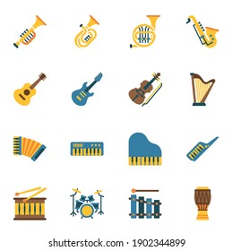 Music instrument, musical tools flat icon set with white background.