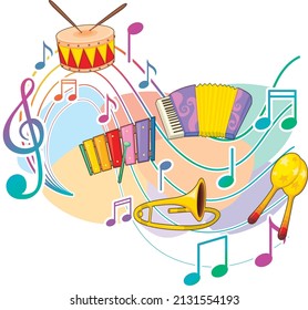 Music instrument with music notes on white background illustration