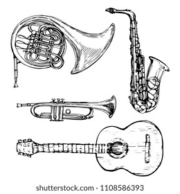 Music instrument saxophone Isolated on white background hand drawn sketch stock vector illustration