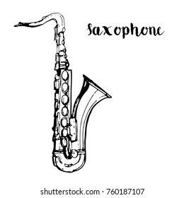 Music instrument Saxophone outline hand drawn sketch line art isolated on white background stock vector illustration for coloring book page