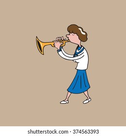 Music instrument school girl blowing trumpet