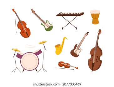 Musikinstrumentensatz. Elektrische Gitarre, Drum-Kit, Saxophon, Synthesizer, Cello und Violine. String-, Percussion-, Keyboard- und Holzblasobjekte. Flache Vektorgrafik einzeln auf weißem Hintergrund