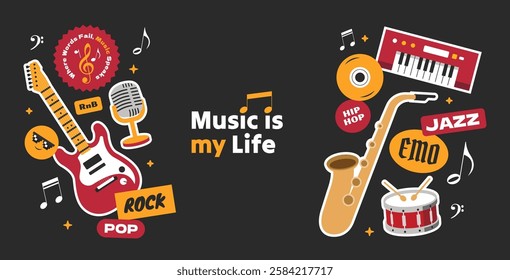 Music instrument stickers, patch, badges. Guitar, saxophone, snare, microphone composition with music quotes