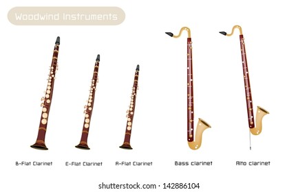 Music Instrument, Various Kind of Brown Vintage Clarinets, B-Flat Clarinet, E-Flat Clarinet, A-Flat Clarinet, Bass Clarinet and Alto Clarinet Isolated on White Background 