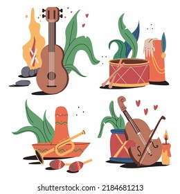 Music instrument vector cartoon set isolated on a white background.