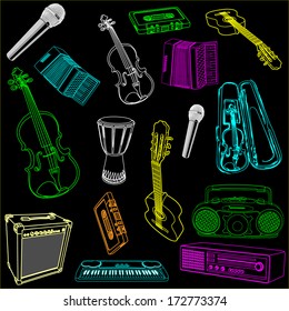Music instrument vector icon collection - Set of  illustration isolated on black background.