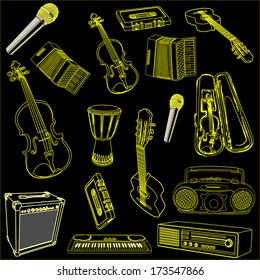 Music instrument vector icon collection - Set of  illustration isolated on black background.