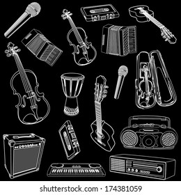 Music instrument vector icon collection - Set of white illustration isolated on black background.