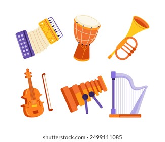 Icono de Vector de instrumentos de música. Conjunto de instrumentos musicales, guitarra, violín, trompeta, tambor, saxofón y arpa