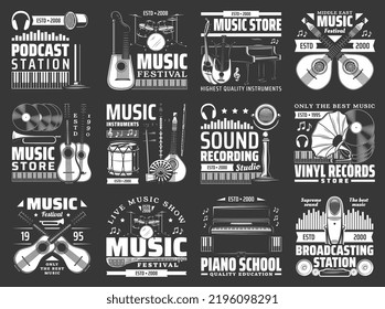 Music instrument, vinyl record and microphone vector icons. Drum, guitar, piano and musical notes, lute, saz and harp guitar, headphone and microphone, recording studio, broadcast, radio station