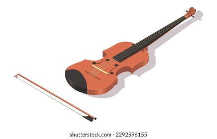 Music instrument violin isolated on white background. Isometric 3d element in vector design style for concert show, musical performance. Jazz classical sound device web button. Vector illustration