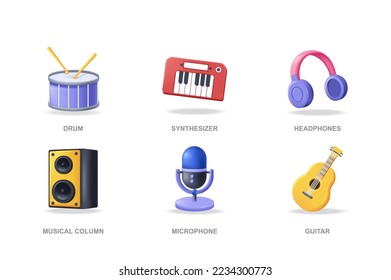 Music instruments 3D icons set in modern design. Pack isolated elements