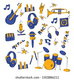 Music instruments and accessories. Vector flat doodle hand drawn set with musical instruments