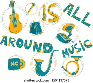 Music instruments and accessories. Vector flat doodle hand drawn set with musical instruments