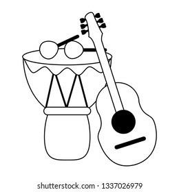 music instruments acoustic guitar and drum with sticks in black and white