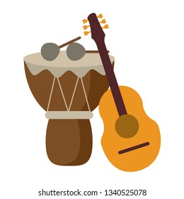 music instruments acoustic guitar and drum with sticks