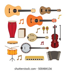 Music Instruments Acoustic Objects Set, Flat Design Symbol and Icons Vector
