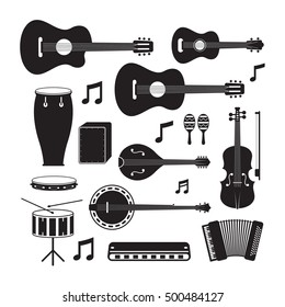 Music Instruments Acoustic Silhouette Objects Set, Black and White Symbol and Icons Vector