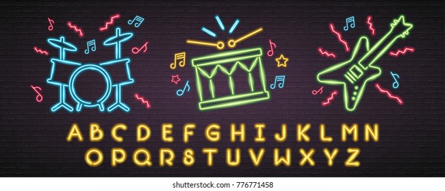 Music Instruments with Alphabet Neon Light Glowing Bright. Drum Set, Guitar, Music Note Sign Symbol Neon and Yellow Alphabet