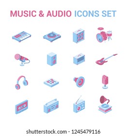 Music instruments audio 3d vector isometric creative graphic icons set