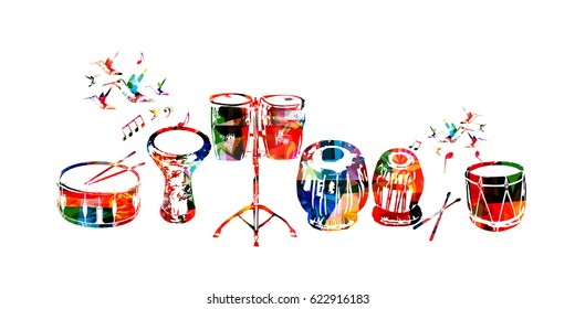 Music instruments background. Colorful drum, darbuka, bongo drums, indian tabla and traditional Turkish drum isolated vector illustration