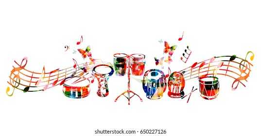 Music instruments background. Colorful drum, darbuka, bongo drums, indian tabla and traditional Turkish drum with music notes isolated vector illustration