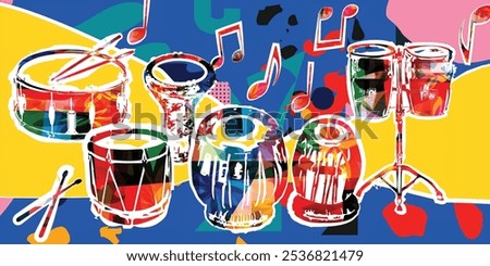 Music instruments background. Colorful drum, darbuka, bongo drums, indian tabla and traditional Turkish drum